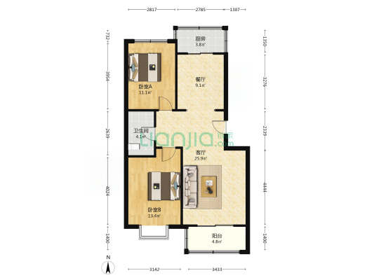 幸福公寓南区 2室2厅1卫 89平方