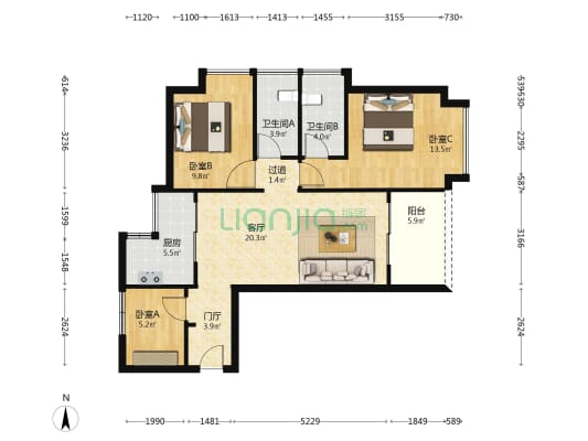 昊龙华庭 3室1厅2卫 91平方