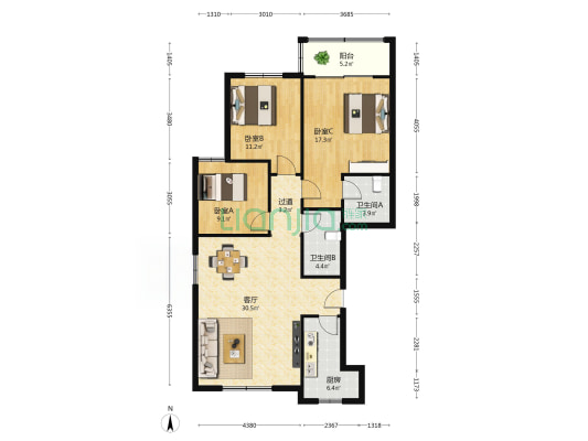 大金新苑 3室1厅2卫 125平方