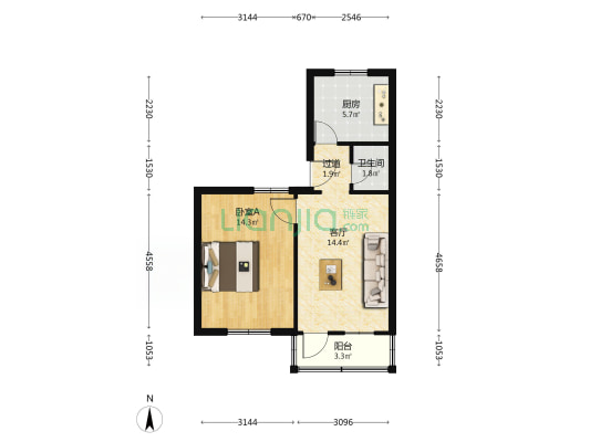 梁苑新村 1室1厅1卫 48平方