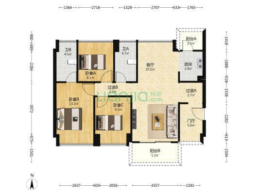 富荣花苑 3室1厅2卫 103平方
