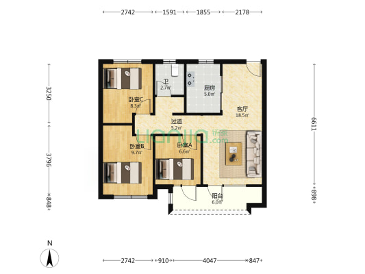 金茂悦玺云 3室1厅1卫 89平方