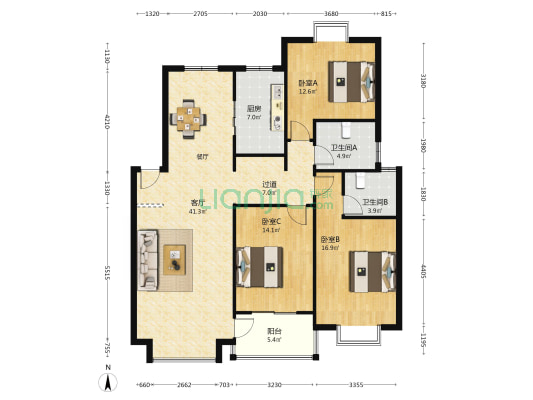 金色家园 3室1厅2卫 134平方