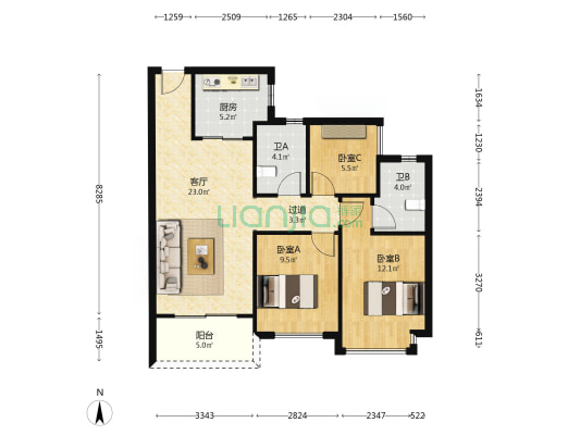 卓越碧桂园天悦湾 3室1厅2卫 90平方