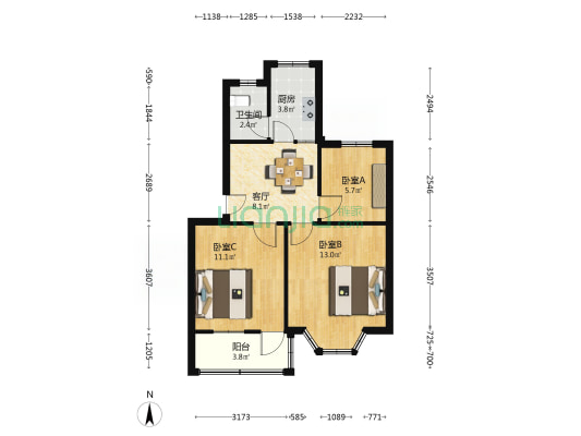 萧绍路1456号 3室1厅1卫 59平方