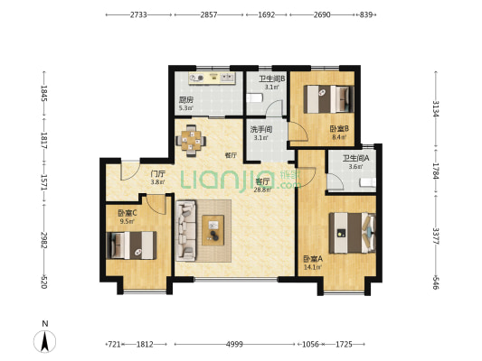 美的·云筑 3室1厅3卫 106平方