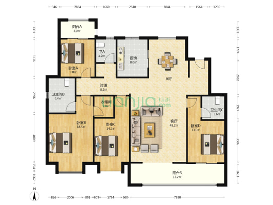 大有院 4室1厅3卫 190平方