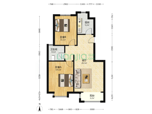 五一阳光御园 2室1厅1卫 85平方