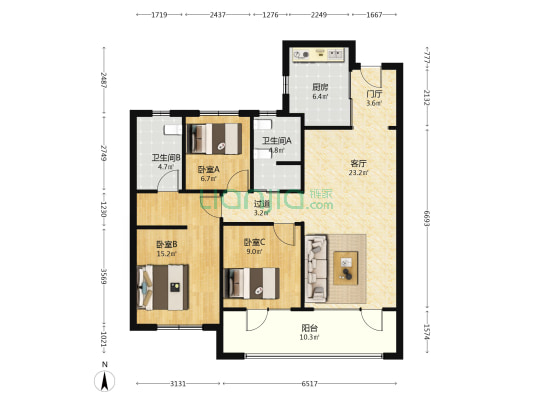 金地华章一期 3室1厅2卫 116平方
