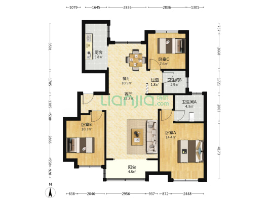 万枫园 3室2厅2卫 109平方