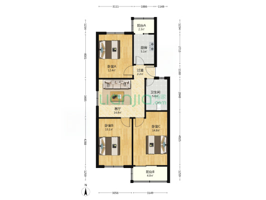 航海中路145号院 3室1厅1卫 90平方