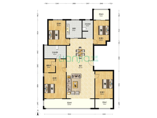 康桥诸子庐 4室1厅2卫 215平方