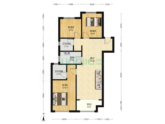 孔雀城公园海 3室1厅2卫 98平方