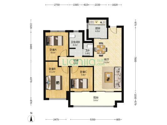 万科理想拾光 3室1厅2卫 100平方