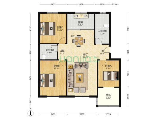 沣水园三号院 3室1厅2卫 121平方