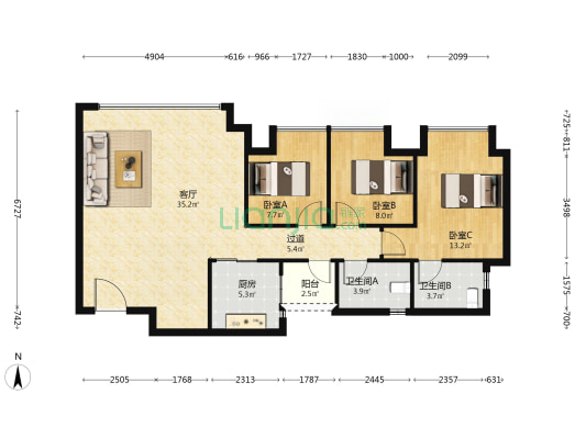 建发书香府 3室1厅2卫 95平方