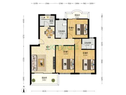 学城绿园 3室1厅2卫 97平方