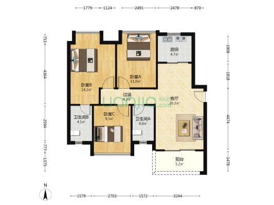 中骏云景府 3室1厅2卫 96平方