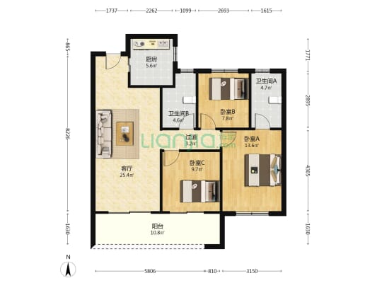 奥克斯悦云庭 3室1厅2卫 108平方