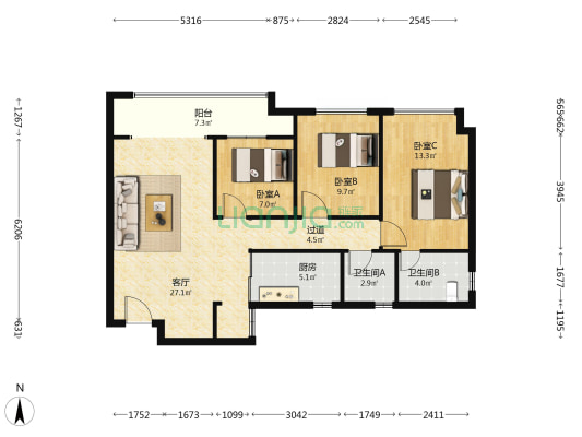 金地自在城朗峯 3室1厅2卫 90平方