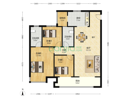 雅居乐宏府翰林山 3室1厅2卫 137平方