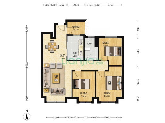 紫薇毓秀府 3室1厅1卫 93平方