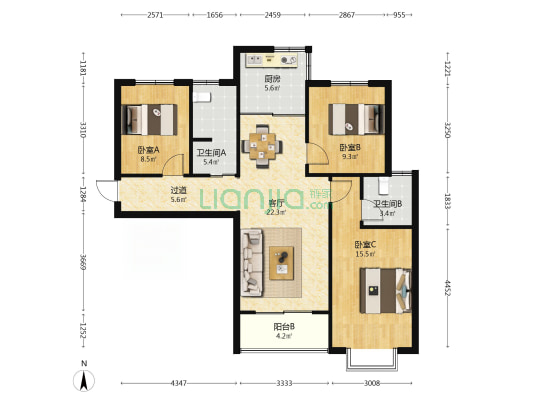 郑港花园 3室1厅2卫 108平方