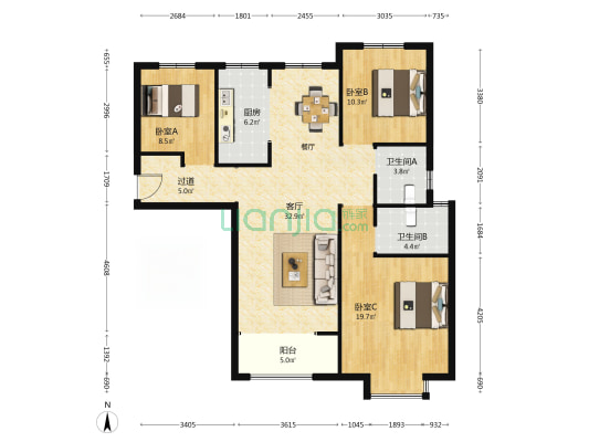 润丰新尚北院 3室1厅2卫 127平方