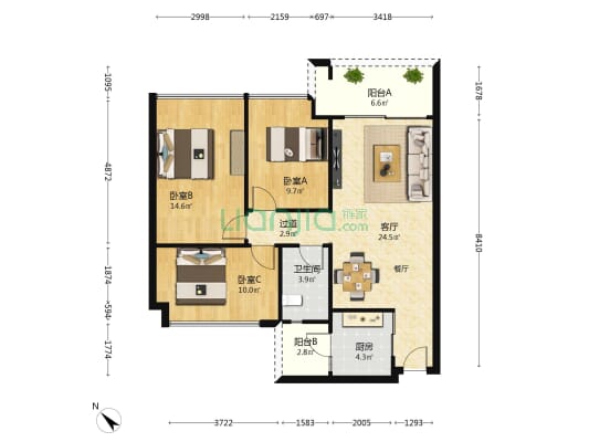 星航华府四期 3室1厅1卫 89平方