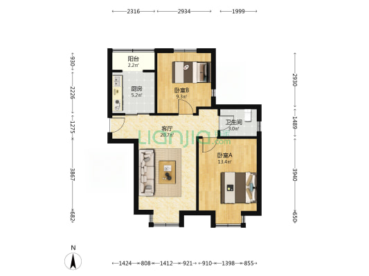 瑞枫家园 2室1厅1卫 87平方