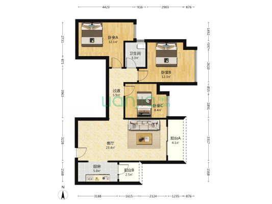 北辰悦来壹号皓辰 3室1厅1卫 94平方
