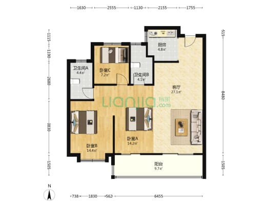 新月河滨 3室1厅2卫 110平方
