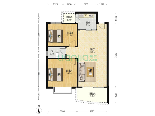 和基花园南区 2室1厅1卫 91平方