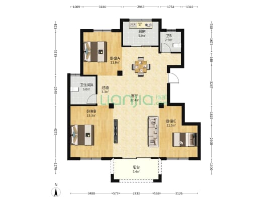 浦泽家园 3室1厅2卫 126平方