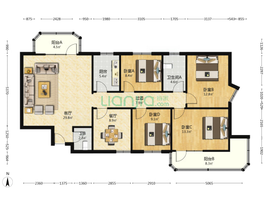 省文化广厦 4室2厅2卫 146平方