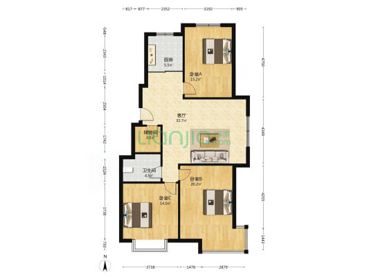 名家苑 3室1厅1卫 119平方
