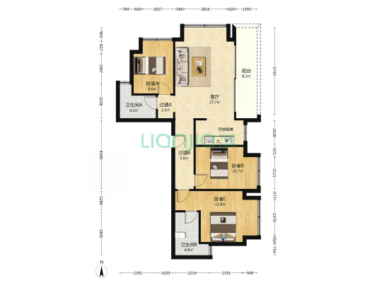 北辰香麓B区 3室1厅2卫 98平方