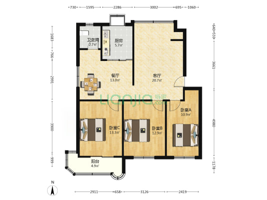 铁路北福华小区一号院 3室2厅1卫 98平方