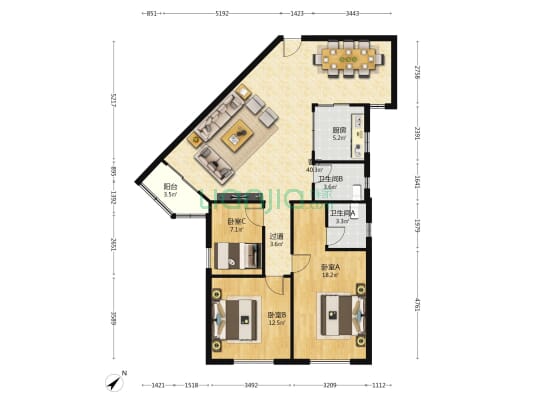 南星大厦 3室1厅2卫 121平方