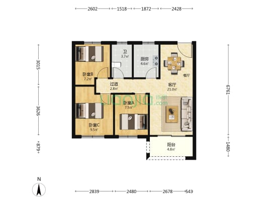 清辉东苑 3室1厅1卫 87平方