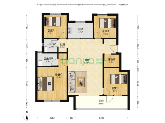 顺城万科海潮云起二期 4室1厅2卫 118平方