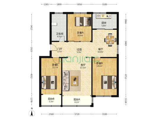银桥小区 3室2厅1卫 117平方