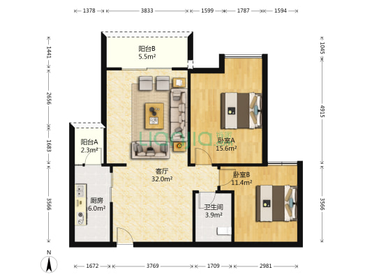 瀚恩国际社区HIC旺角 2室1厅1卫 87平方