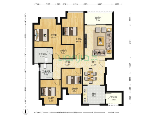 龙湖长滩原麓澄园B区 4室1厅2卫 132平方