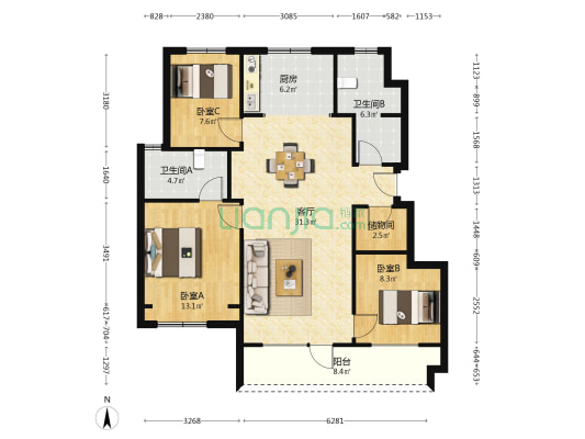 金地城E7 3室1厅2卫 107平方
