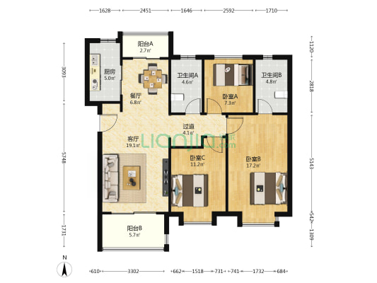 世茂璀璨倾城西区 3室2厅2卫 118平方