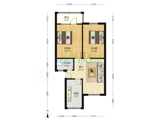 西美小区2号院 2室1厅1卫 68平方