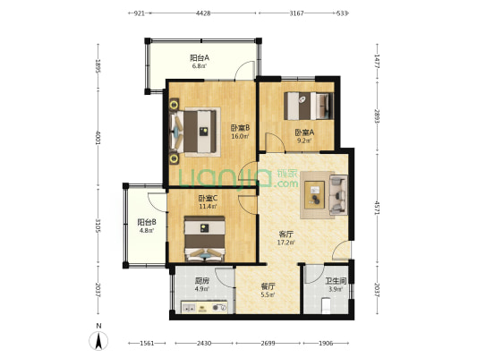 爱知中学家属区 3室2厅1卫 94平方