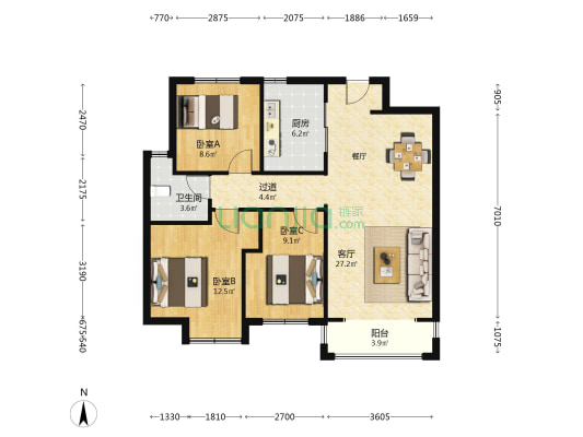 梧桐苑 3室1厅1卫 104平方