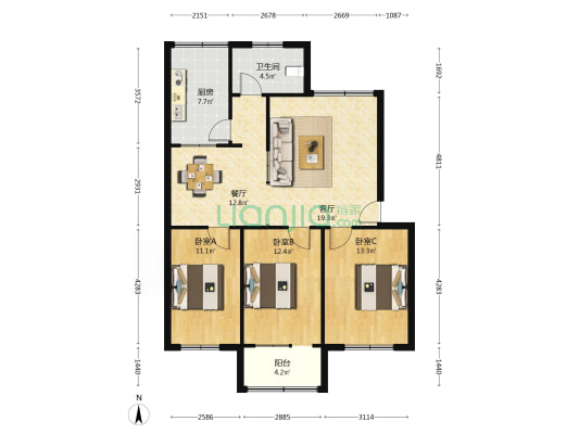 花园北路37号 3室2厅1卫 102平方